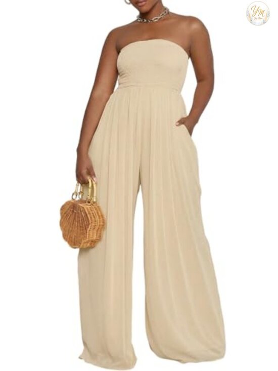 Pants - Strapless Wide Leg Smocked Jumpsuit High Stretch Polyester Spandex